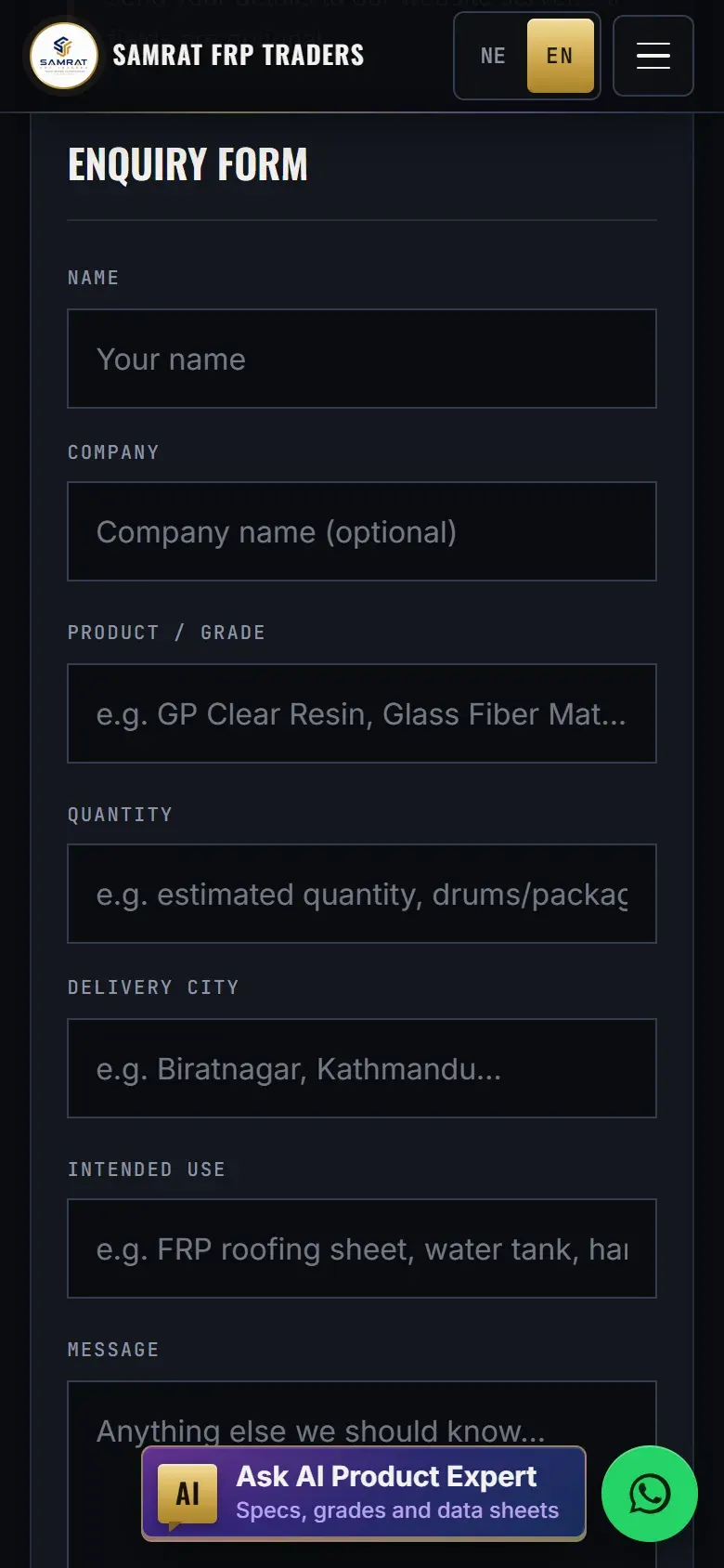Samrat FRP Traders enquiry form on a phone.