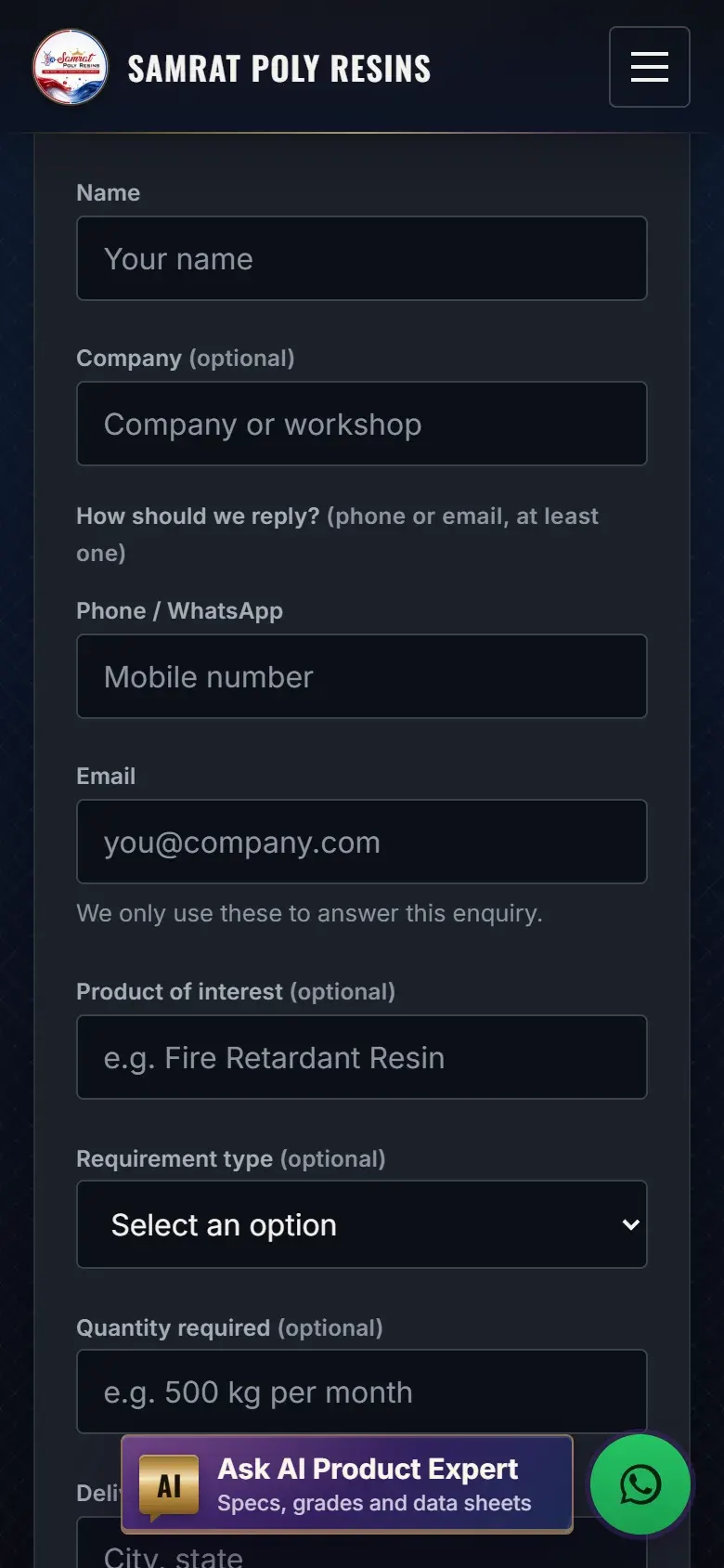 Samrat Poly Resins enquiry form on a phone.