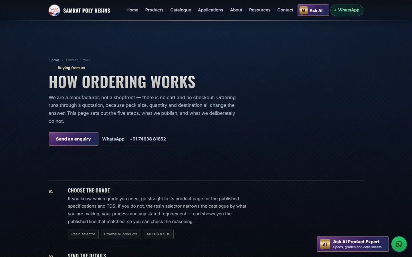 Samrat Poly Resins page titled How ordering works, explaining that ordering runs through a quotation.