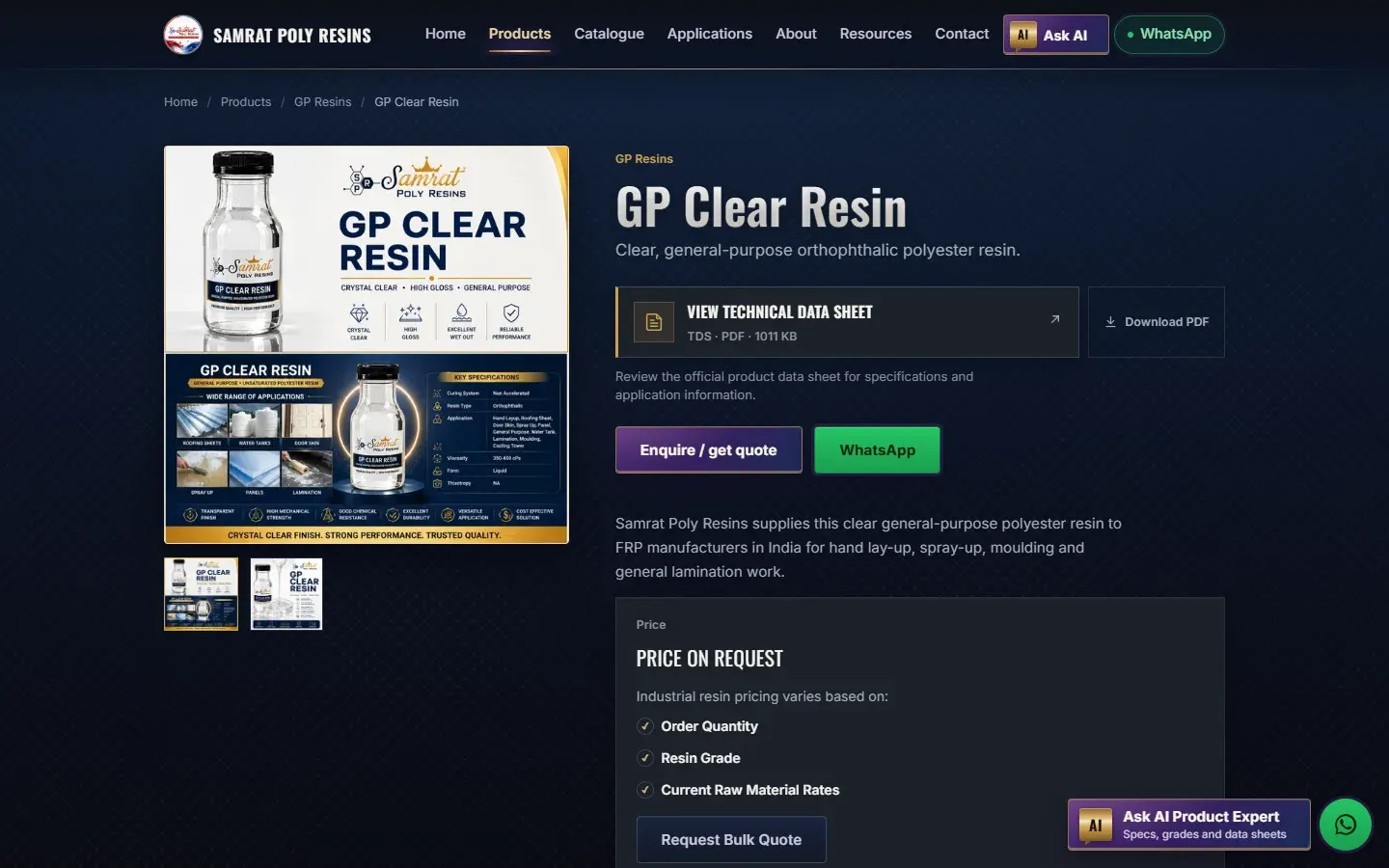 Samrat Poly Resins GP Clear Resin product page with a Download data sheet panel and Enquire and WhatsApp buttons.