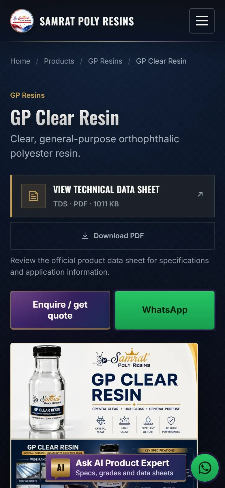 Samrat Poly Resins GP Clear Resin product page on a phone.