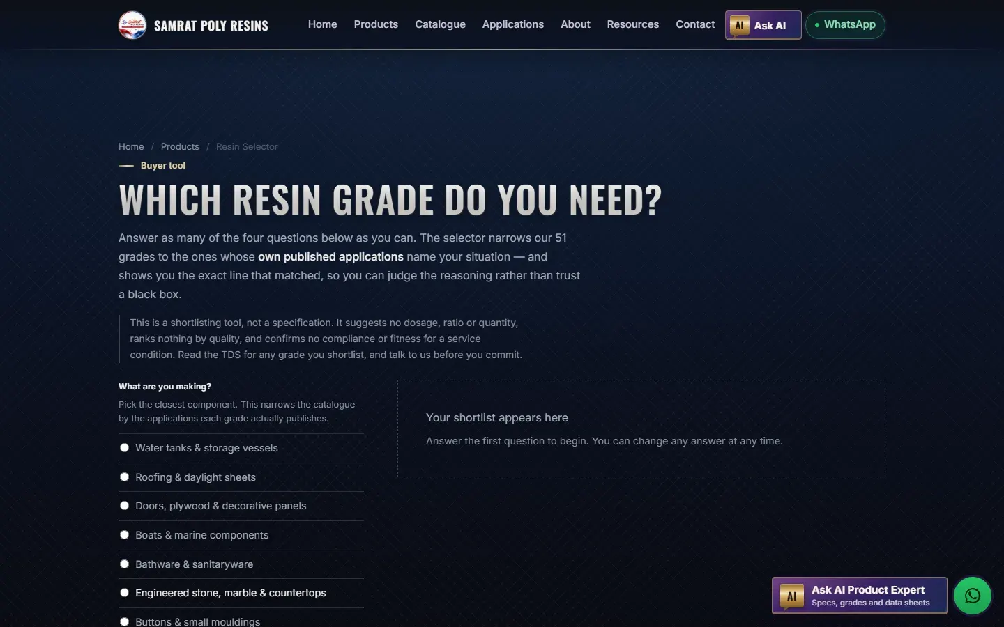 Samrat Poly Resins resin selector page asking Which resin grade do you need, with a shortlist area.