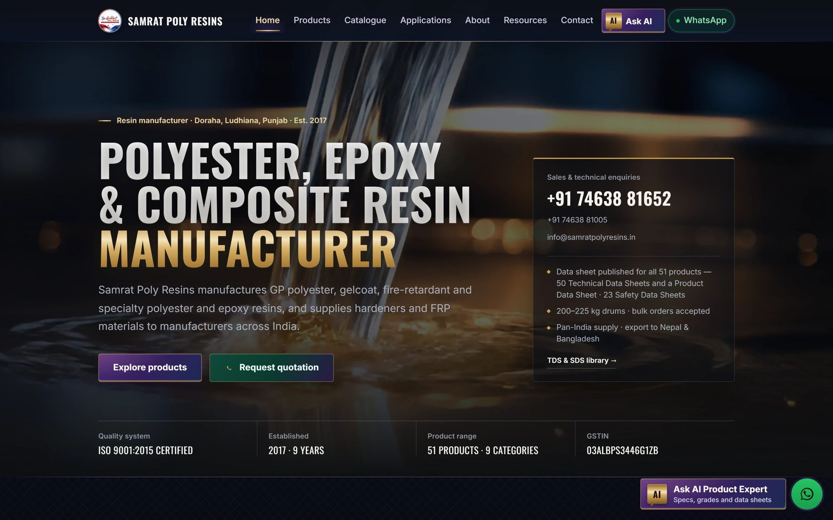 Samrat Poly Resins home page on desktop: a resin manufacturer with sales phone numbers, data-sheet summary and quotation button.