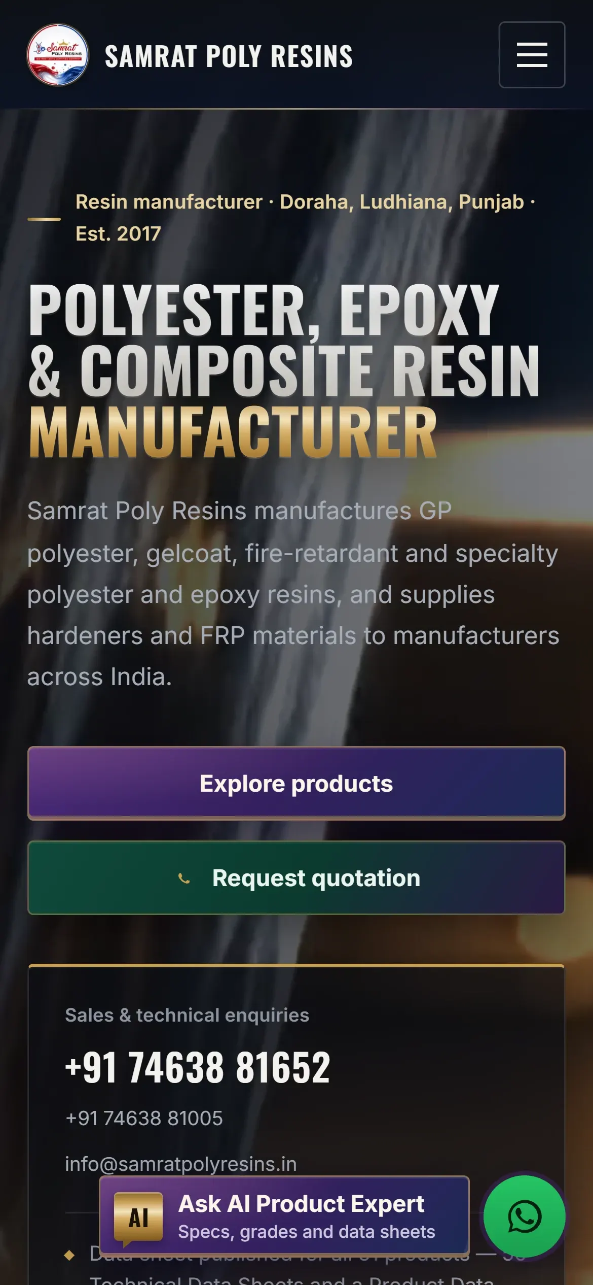 Samrat Poly Resins on a phone, with stacked Explore products and Request quotation buttons and the sales phone number.