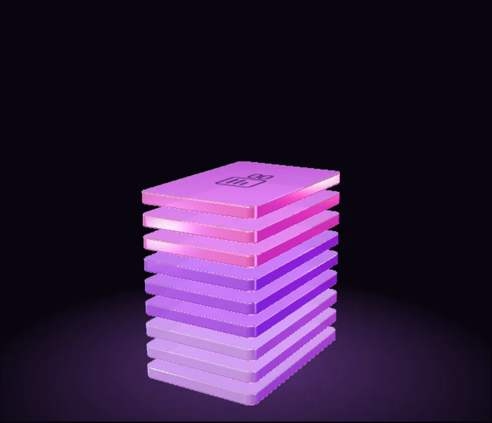 A stack of page slabs that grows from three to six to nine as the package size increases.