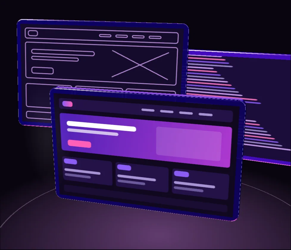 Three layers of a website, wireframe, design and code, that separate, re-flow to tablet and phone, and snap together.