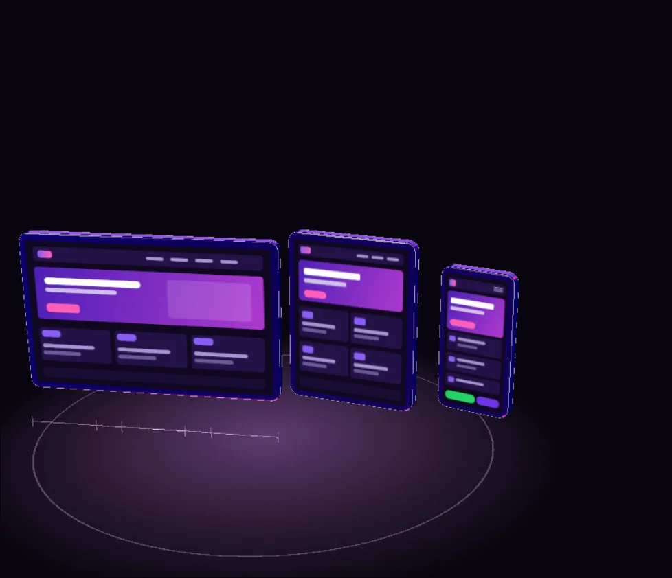 Three layers of a website, wireframe, design and code, that separate, re-flow to tablet and phone, and snap together.