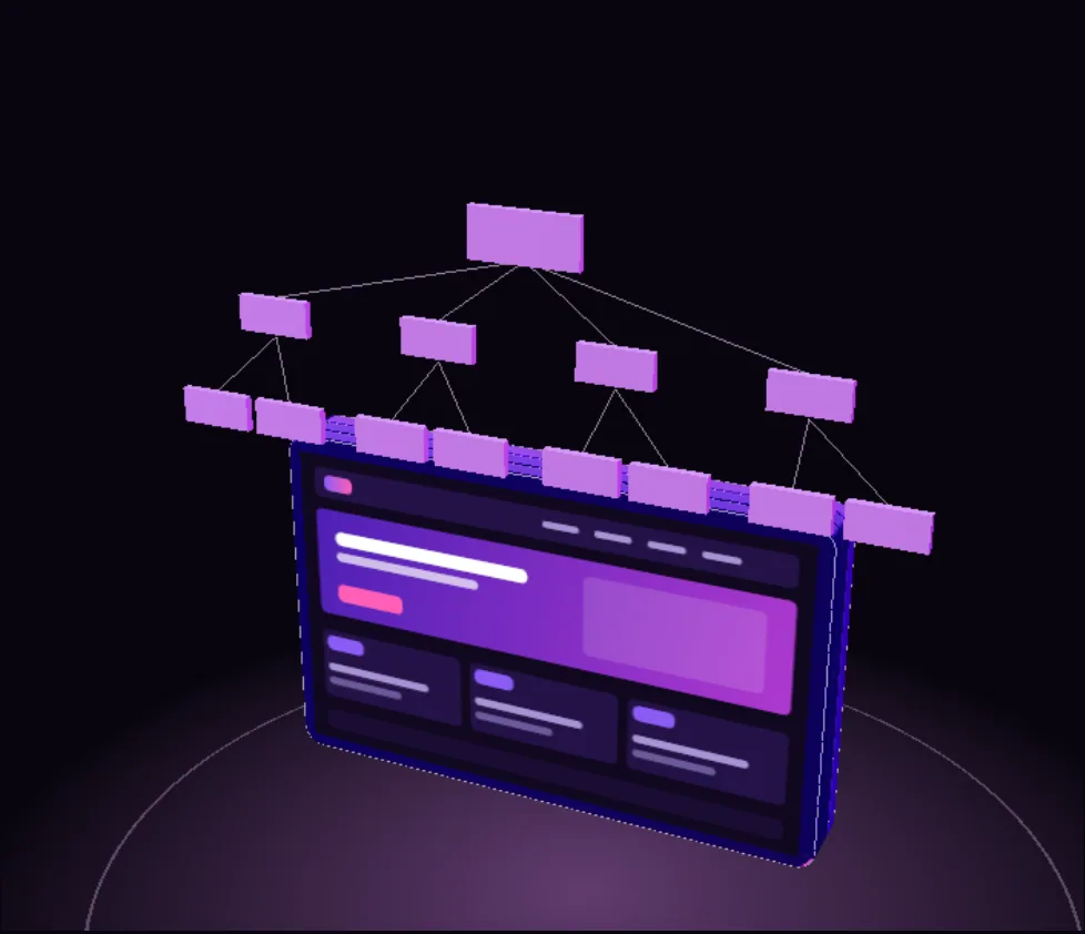 Three layers of a website, wireframe, design and code, that separate, re-flow to tablet and phone, and snap together.
